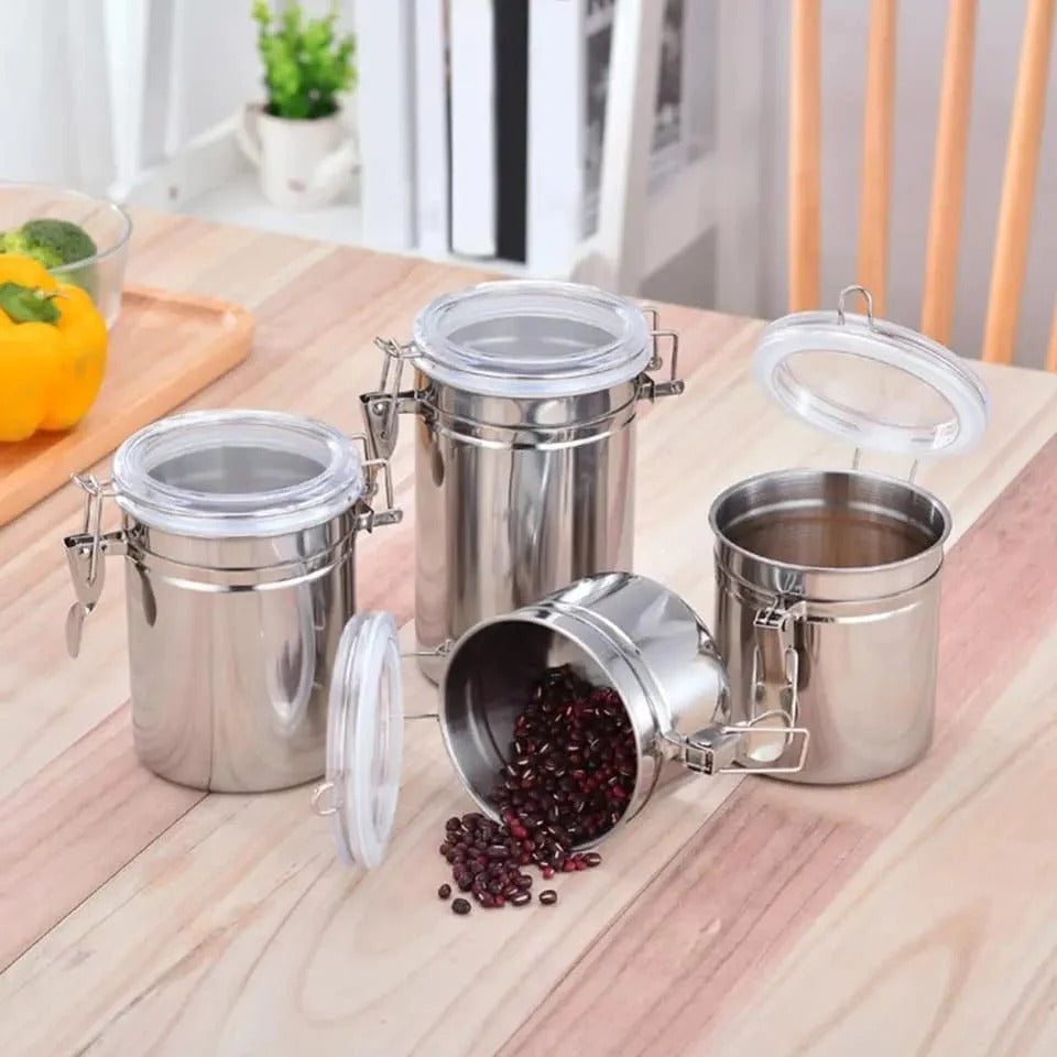 4 pcs Airtight Stainless Steel Jar Canister Coffee Flour Sugar Tea Container Holder