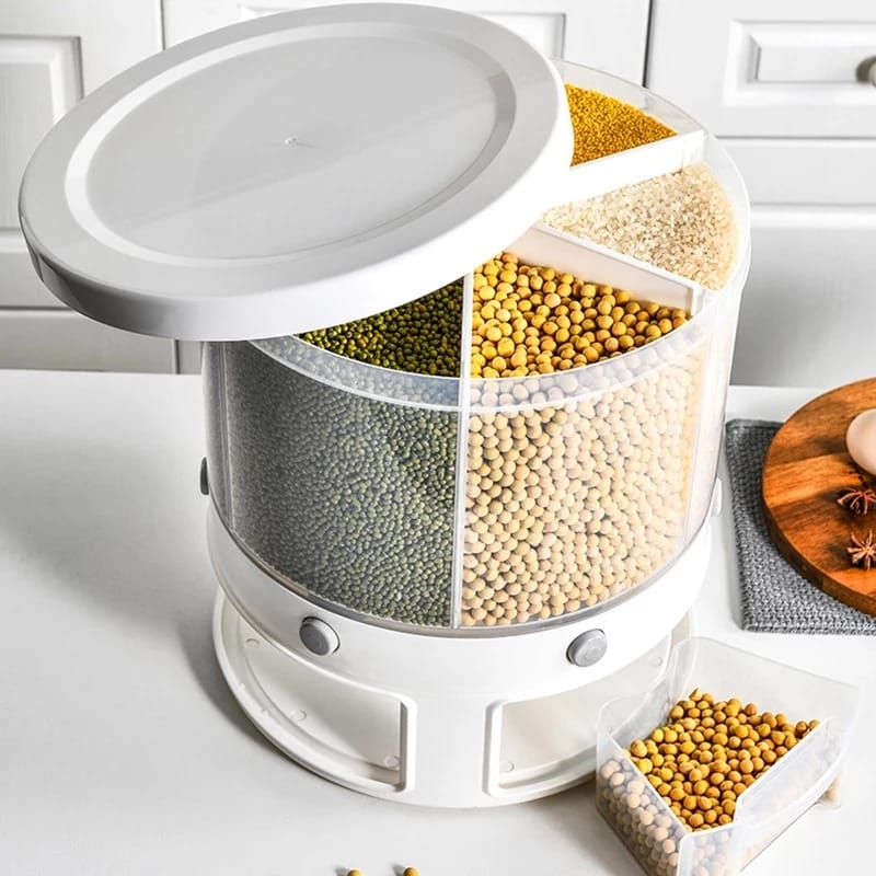 360 Large Food Cereal Dispenser 6 Grid Revolving Base