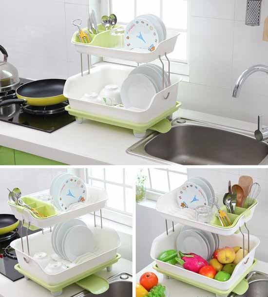 2 Tier Dish Rack With Adjustable Water Drainage